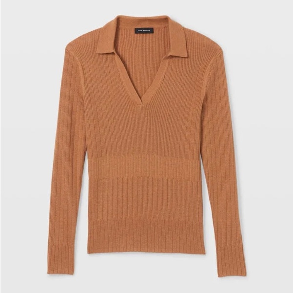 Club Monaco Everywear Johnny Collar Sweater Top in Camel